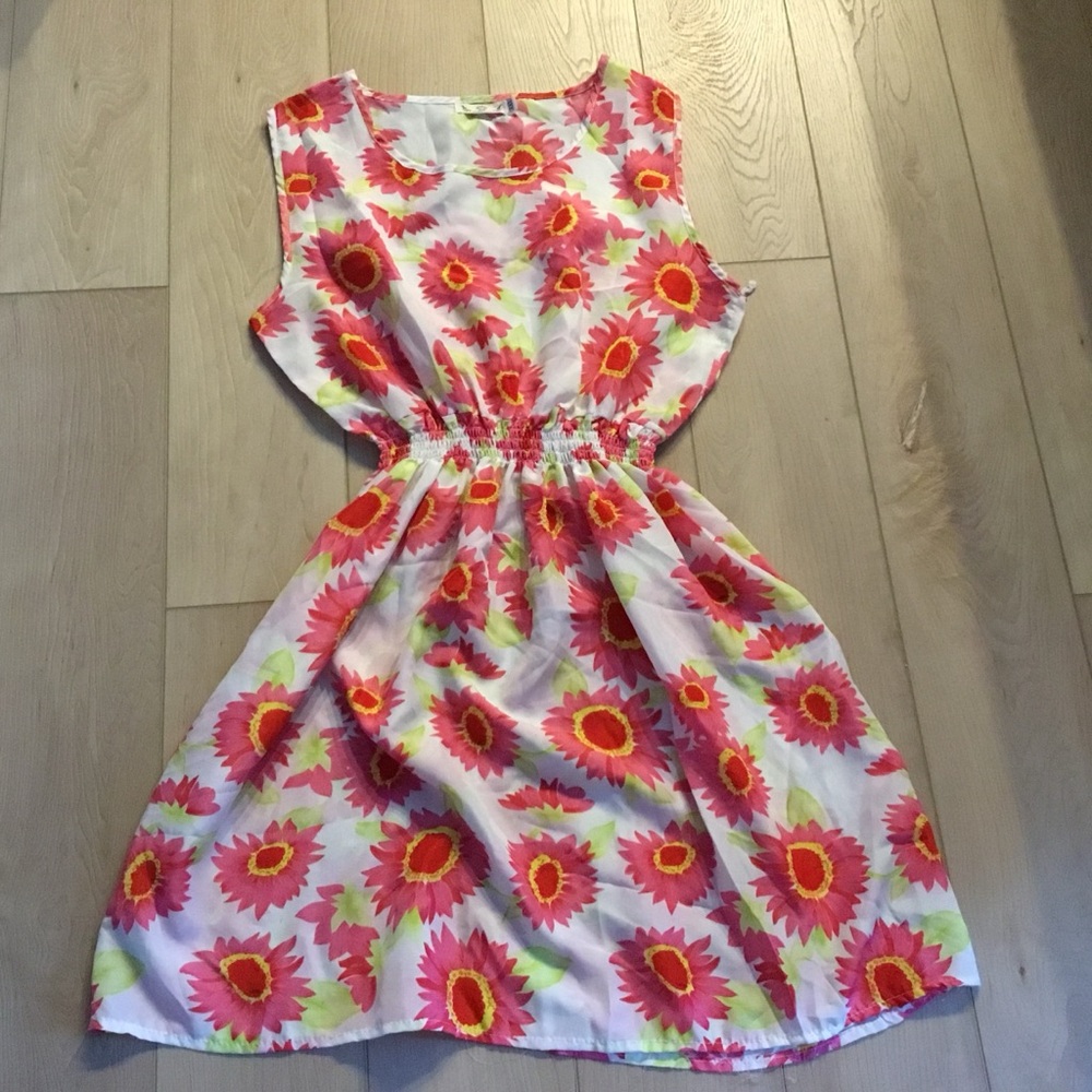 Sunflower Print Casual Dress - Pink and Green